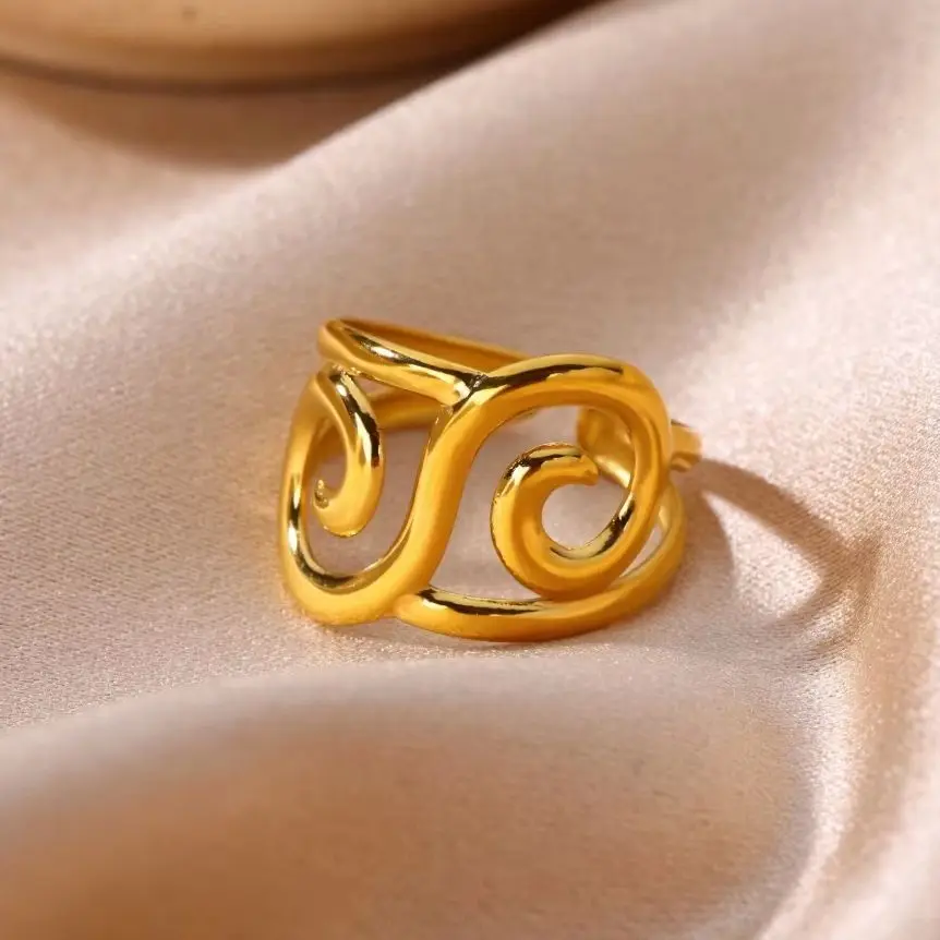 Vintage Hollow Curly Double Swirl Rings For Women Gold Plated Stainless Steel Geometric Adjustable Ring Trendy Jewelry Gift