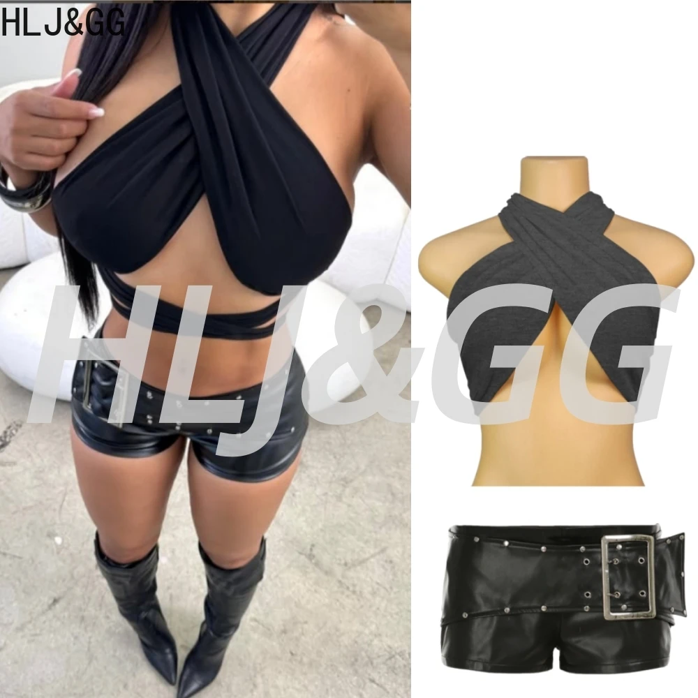

HLJ&GG Black Sexy Hollow Leather Shorts Two Piece Sets Women Sleeveless Crop Top And Belt Shorts Outfits Fashion Y2K Streetwear