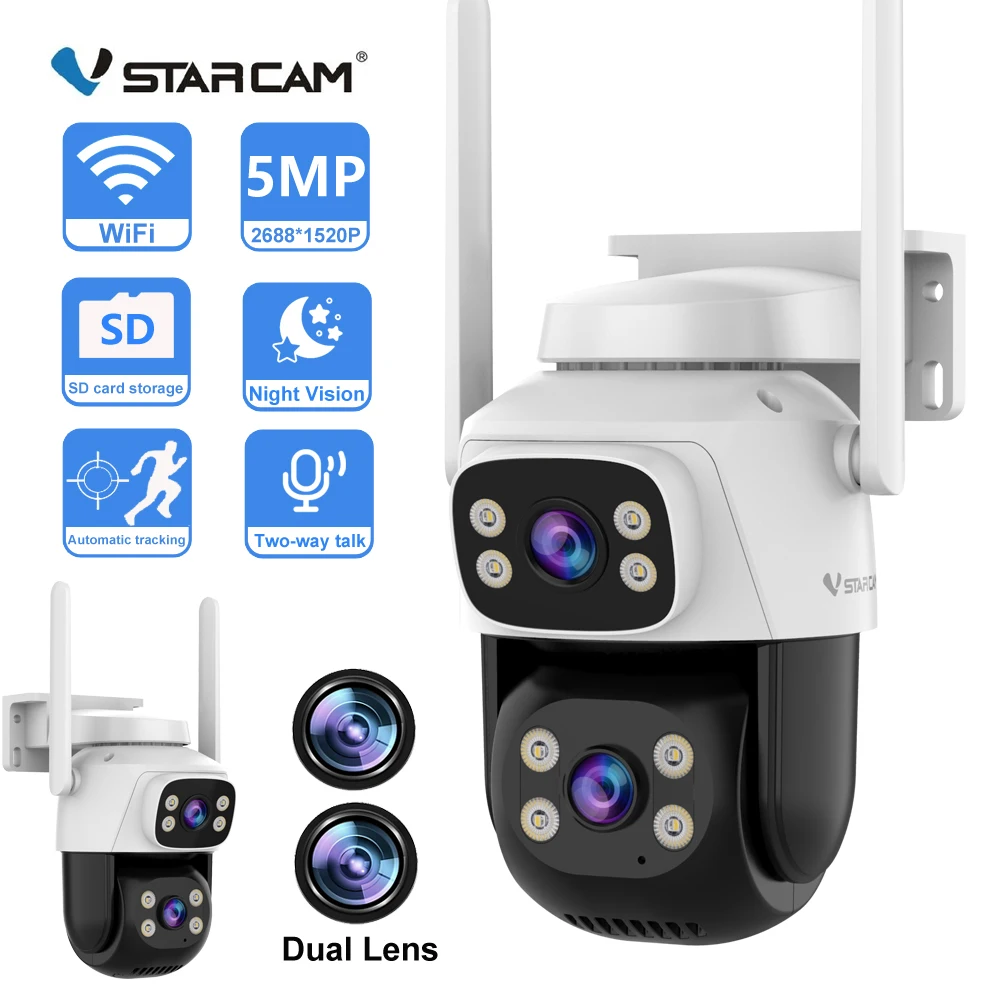 

Vstarcam 5MP Dual Lens Dual Screen Wifi PTZ IP Camera 5X Digital Zoom Waterproof Outdoor Wifi Surveillance Home Security Cameras