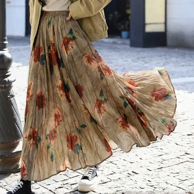 

Rose Floral Paisley Skirt Korean Version New Pleated Large Swing Vintage Flowers Spring Women Long Skirt Kawaii
