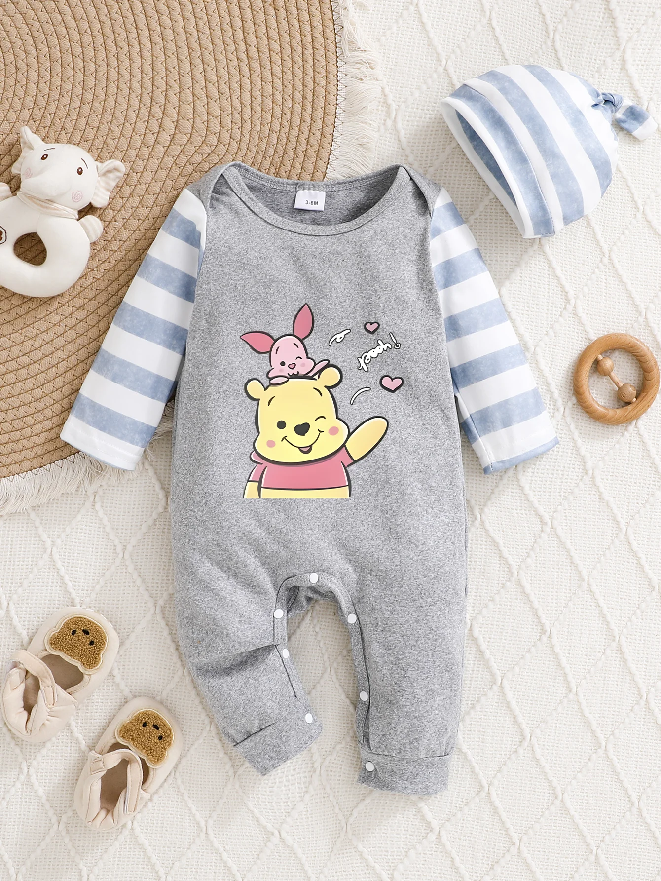 

【Officially Authorized】 Disney Winnie the Pooh Baby Hooded Jumpsuit | Snuggly & Breathable, Classic Bear Graphic