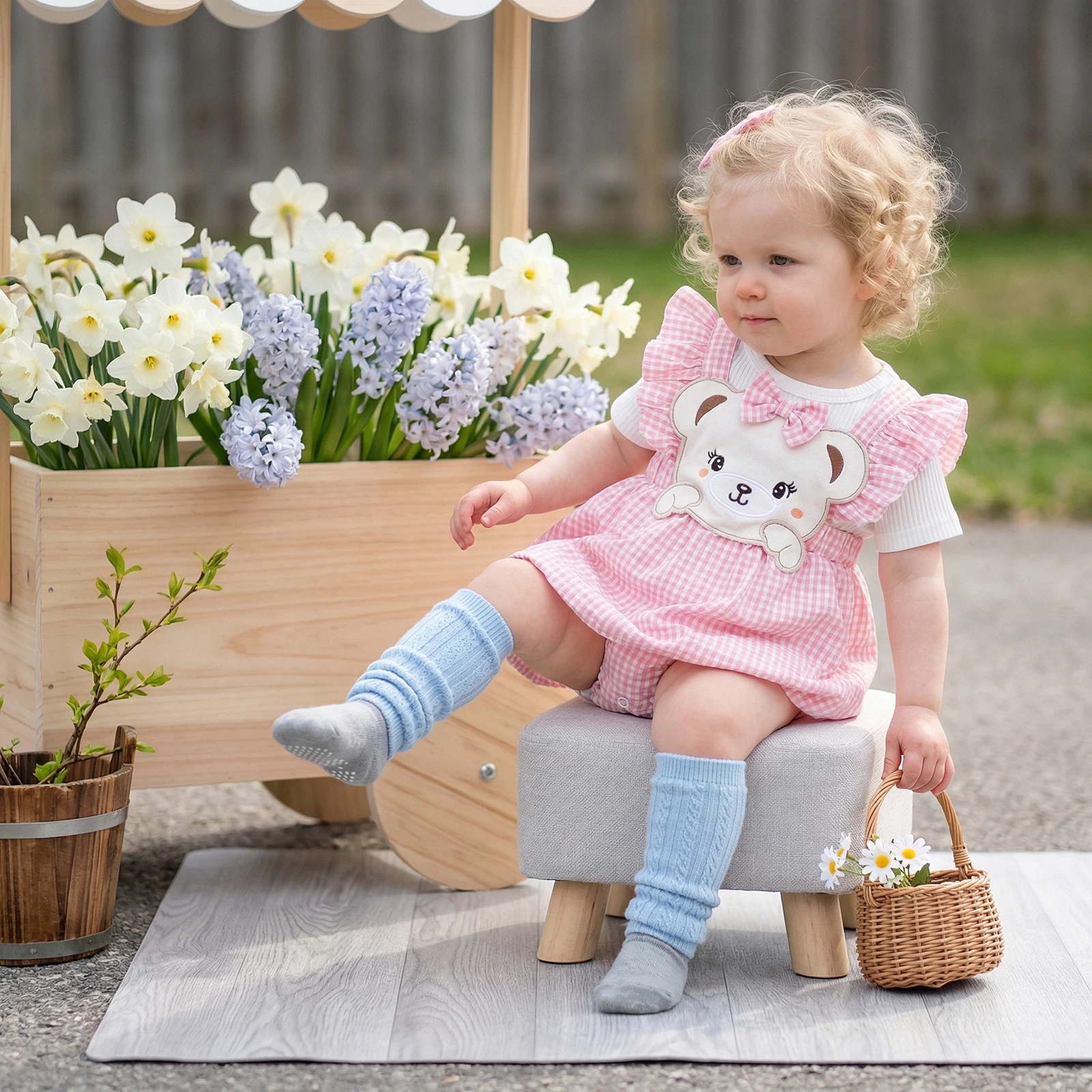 Baby Girls Summer Jumpsuits Adorable Bear Applique Plaid Short Sleeve Round Neck Romper Dress and Bow Headband Clothes