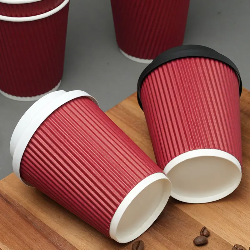 45pcs 8oz  Double-Walled Insulated Corrugated Cardboard Coffee Cups Thickened Disposable Striped Portable Paper Cups With Lids
