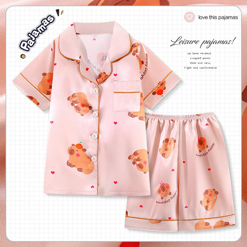 Summer New 2Pcs Dinosaur Cartoon Children Pajama Set Cute Boys Blue Print Thin Ice Silk Lapel T-Shirt Shorts Ventilate Pijamas