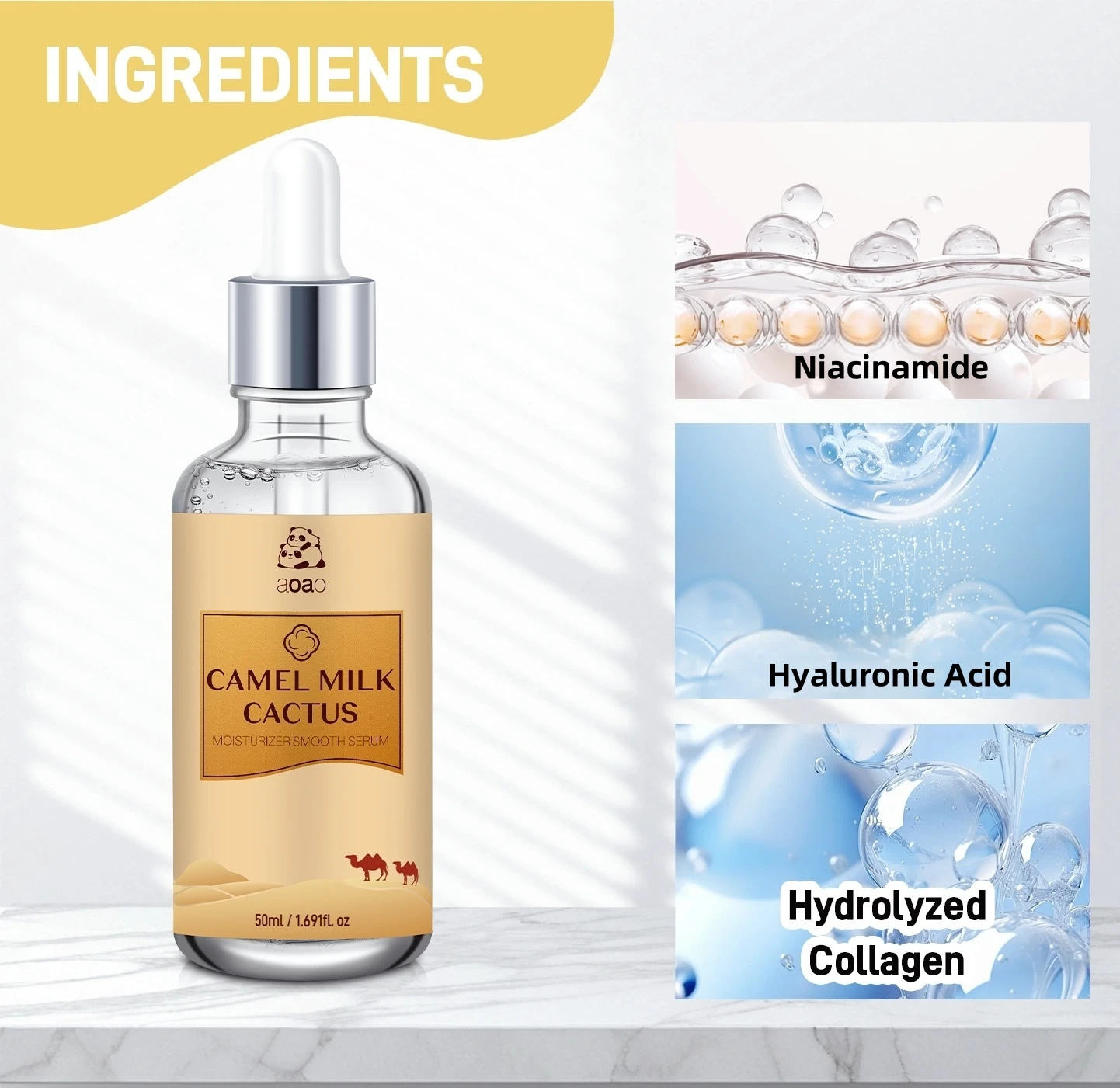 جوهر حليب الجمل مع بيرسلين وحمض الهيالورونيك والكولاجين. مصل مرطب عميق وغير دهني.