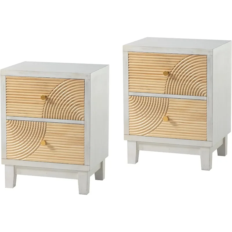 2-Drawer Farmhouse Nightstand X 2P, Mid Century Nightstand Fully Assembled with Handcrafted Wood Ring Pattern