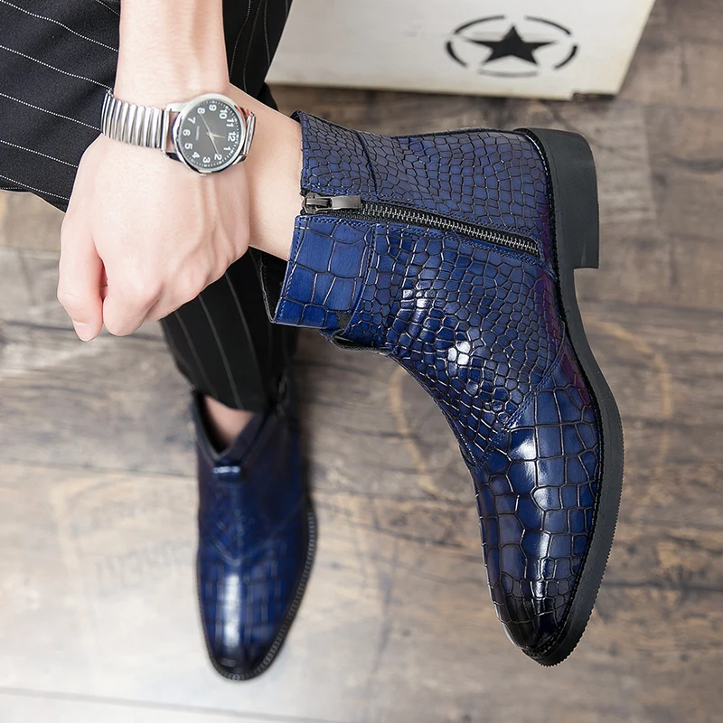 Ankle Boots for Men Blue Black Business Round Toe Zipper Pu Mens Boots Free Shipping Size 38-48 Motorcycle Boots