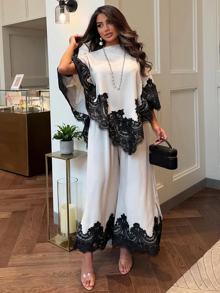 Elegant High Neck Black Lace Patch Two Piece Set  Loose Blouse Split Wide Leg Pants Soft Fabric 2026 Spring Daily Lady Outfits