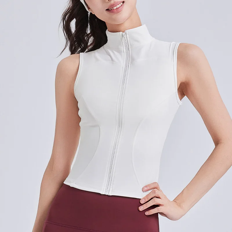 Women's Slim Fit Sport Sleeveless Top Quick Dry Elastic Stand Collar Yoga Fitness Clothing Summer Zipper