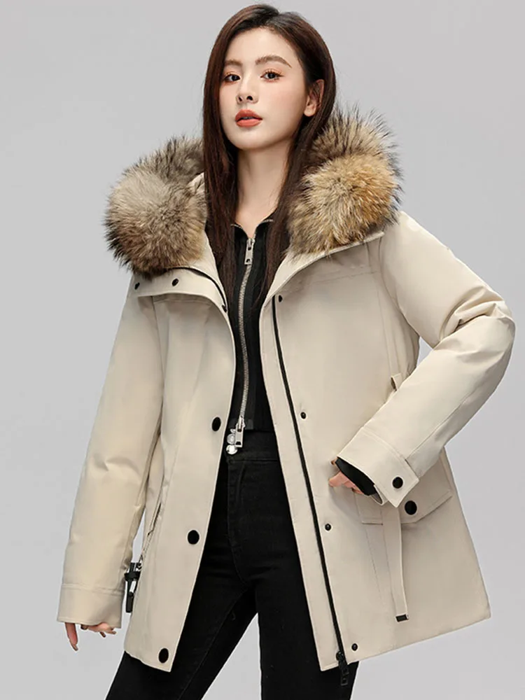 Natural large raccoon fur collar down jacket for women winter medium long raccoon fur warm parka jacket trendy