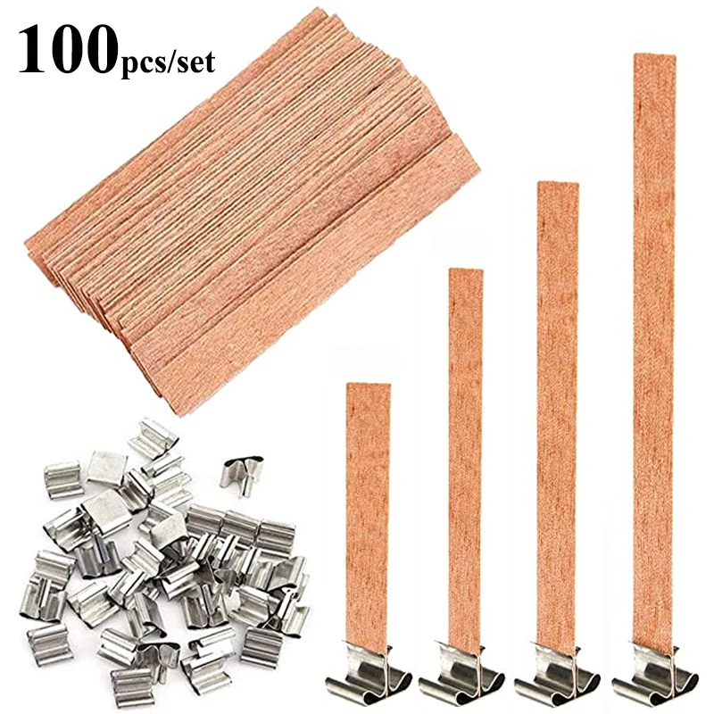 100pcs Wooden Candle Wicks Candle Making Wicks with Sustainer Tab 6~19mm Naturally Smokeless Wood Core for DIY Candle Jar Making