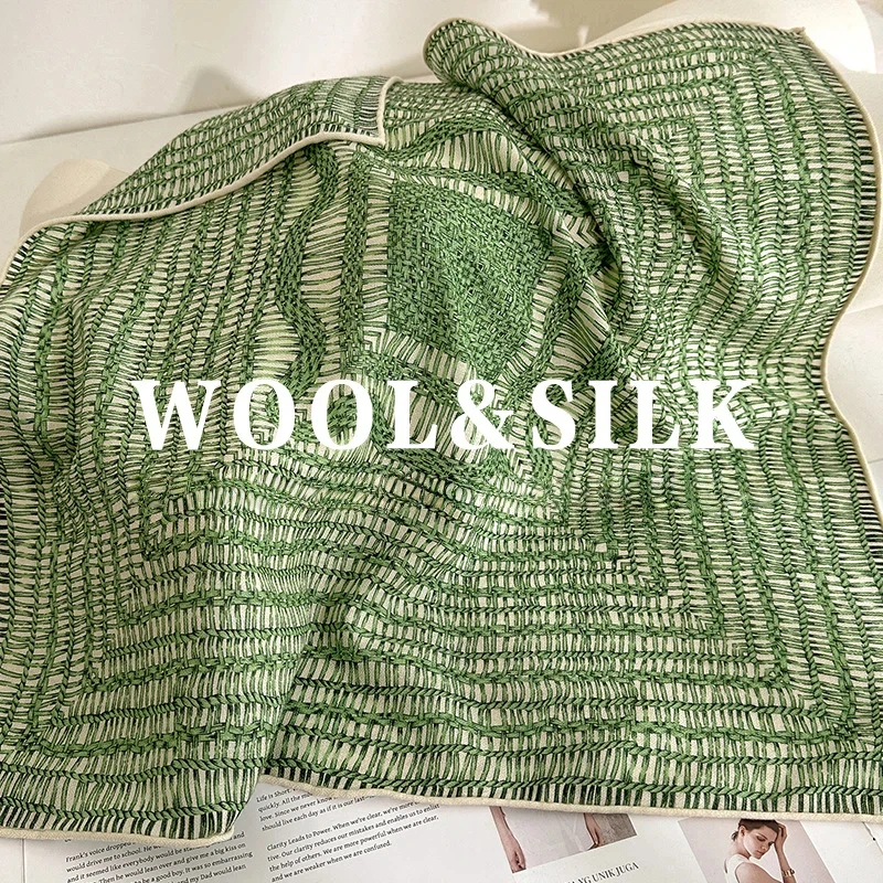 2026 Retro Green Blue Plaid Silk Wool Scarf Women Vintage Original Brand Silk Wool Checkered Scarf Winter Women's Scarves