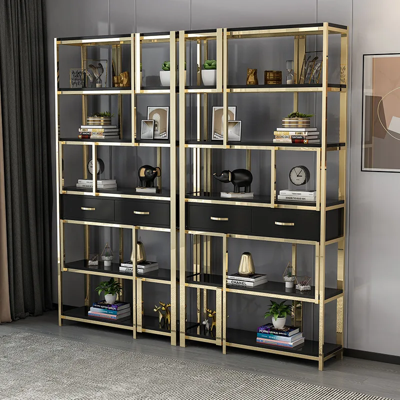 

Light luxury stainless steel bookshelf floor rack living room office modern simple metal partition display rack