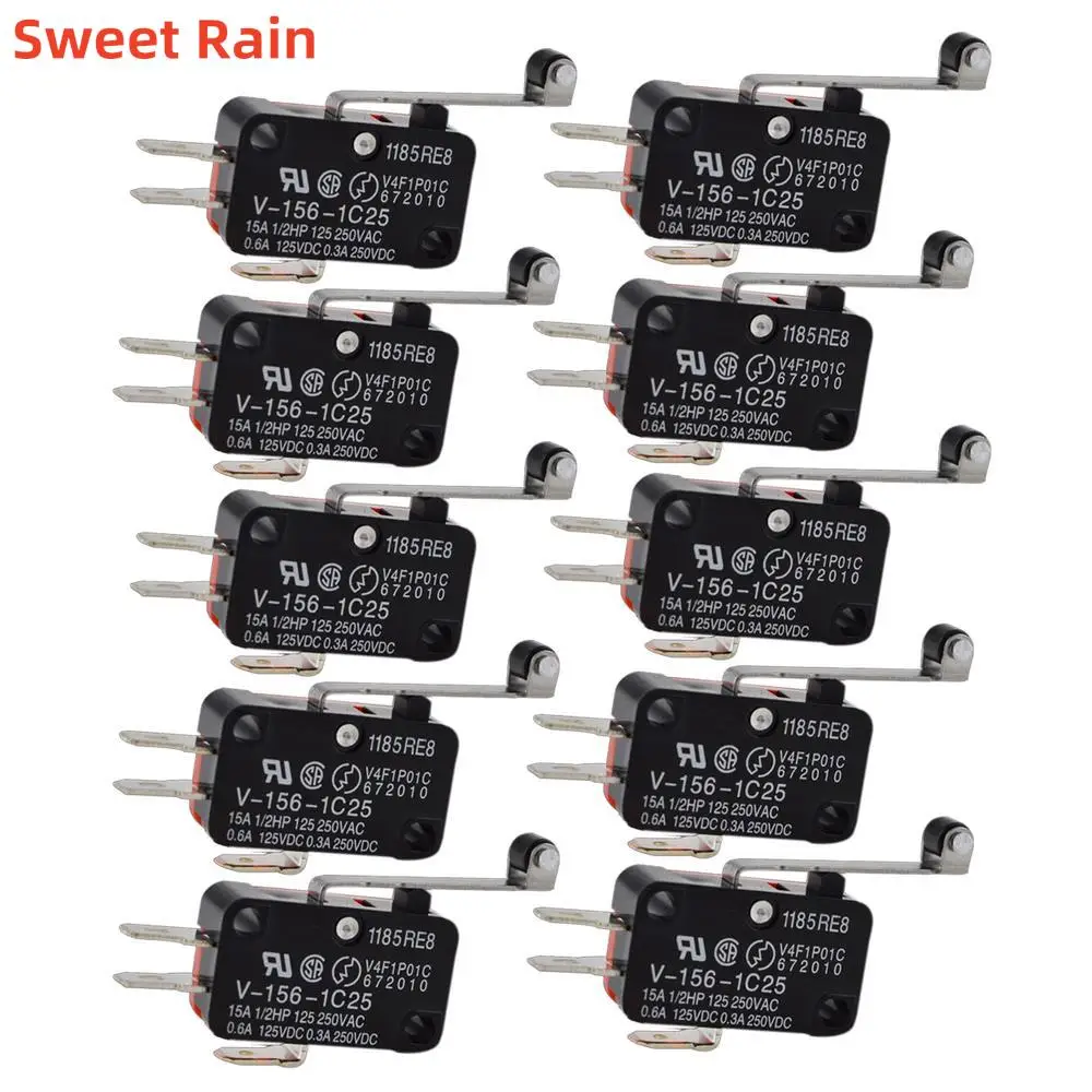 10pcs Durable Micro Limit Switch V-156-1C25 Long Hinge Roller Momentary SPDT Snap Action