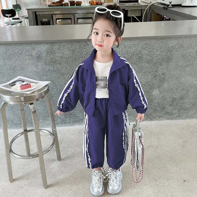 Children's Lace Sports Jacket Pants Set Girls Spring and Autumn New Casual Long Sleeved Pants Set Girls Fashion Two-Piece Set