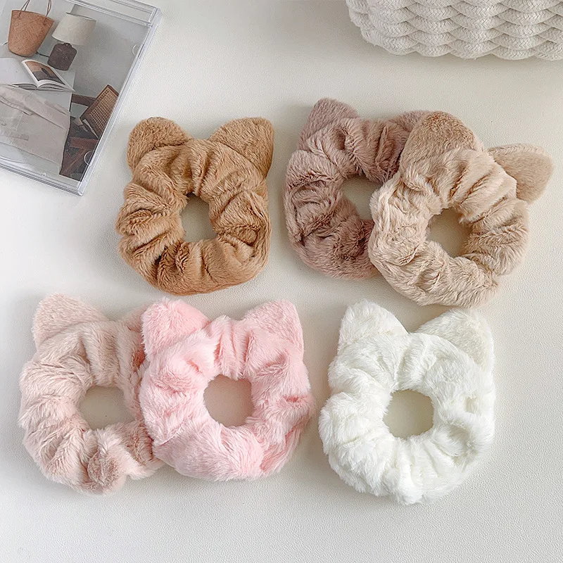 

Plush Large Intestine Hair Ring For Women Simple Solid Color Cat Ears Headband Rubber Band Hair Accessories For Women