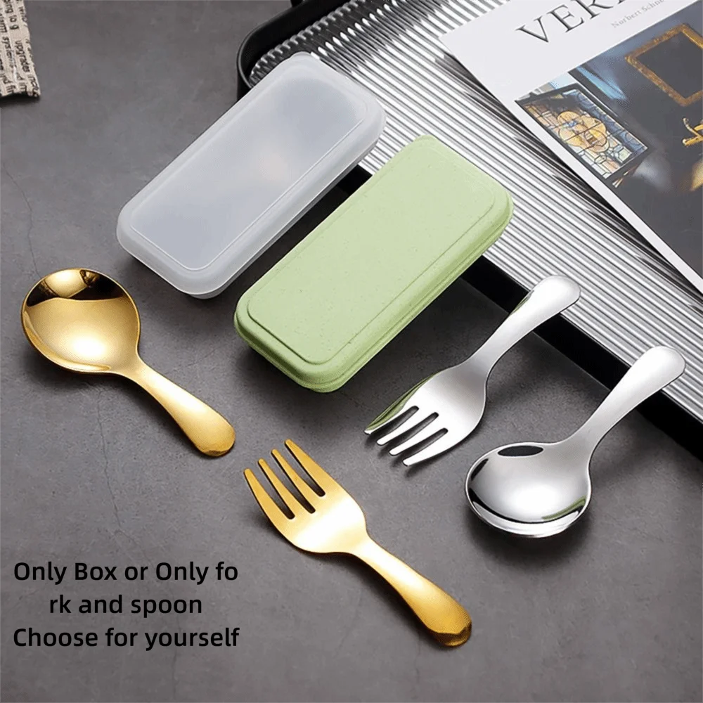 Mini 304 Stainless Steel Spoon Fork Set Short Handle Storage Case Cutlery Set Tableware Dessert Fruit