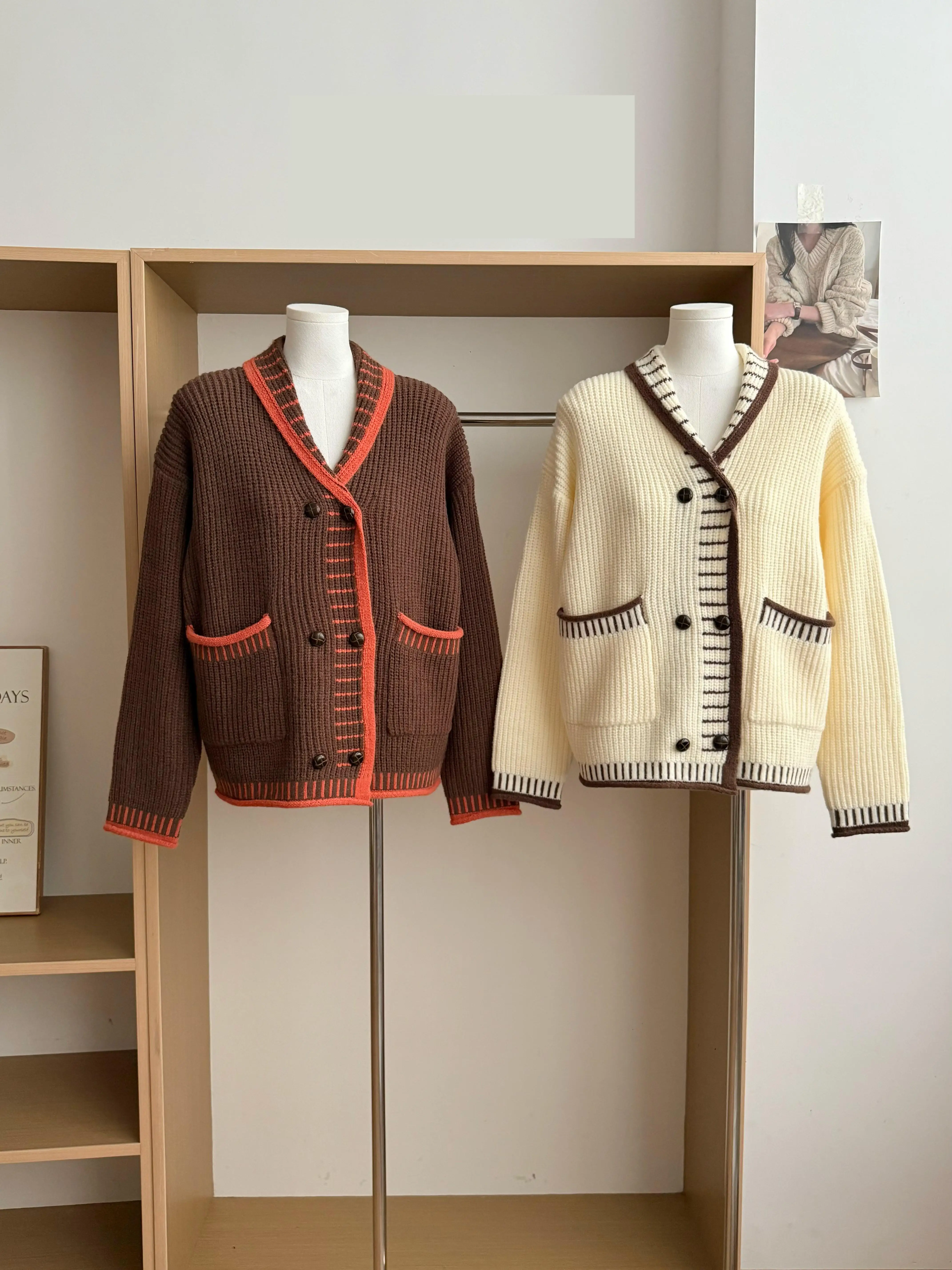 

Женский осенне-зимний свободный кардиган контрастного цвета с отложным воротником, женский элегантный двубортный свободный кардиган с длинными рукавами