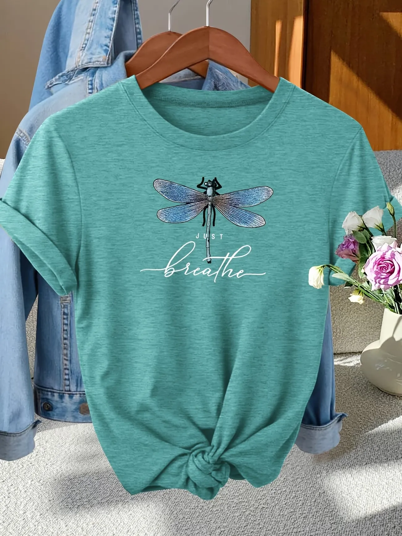 Vintage Just Breathe Butterfly Print T-shirt Women Short Sleeve Gothic Graphic T Shirt Y2k Women Crew Neck Aesthetic Tshirt