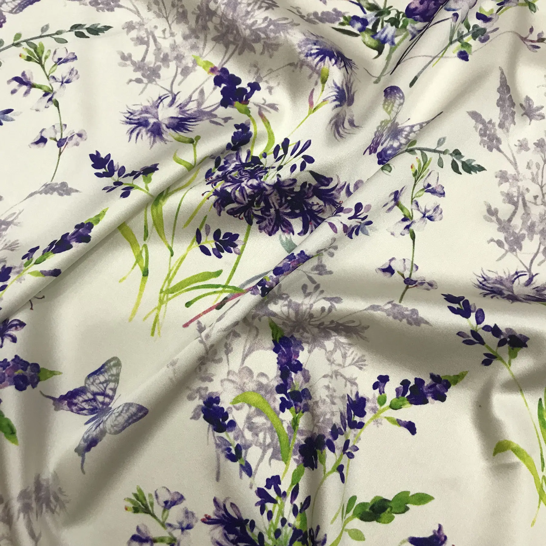 White Background with Purple Flower Printing and Dyeing 19 Momme Stretch Silk Fabrics Width Silk Cheongsam Dress Cloth
