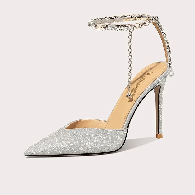 

Summer new pointed rhinestone sequin low-heeled wedding shoes thin high-heeled banquet dress large size small size women sandals