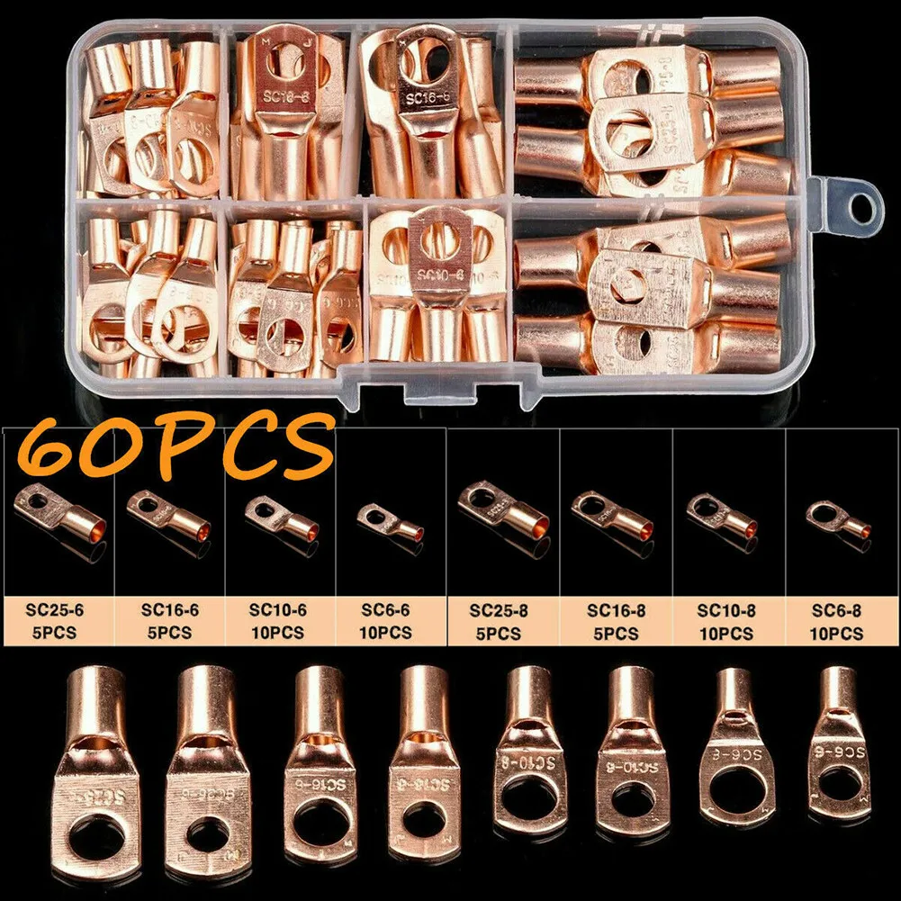 60pcs Tinned Copper Tube Terminals Battery Welding Cable Lug Ring Crimp Connectors Kit SC6 SC10 SC16 SC25 Electrical Supplies