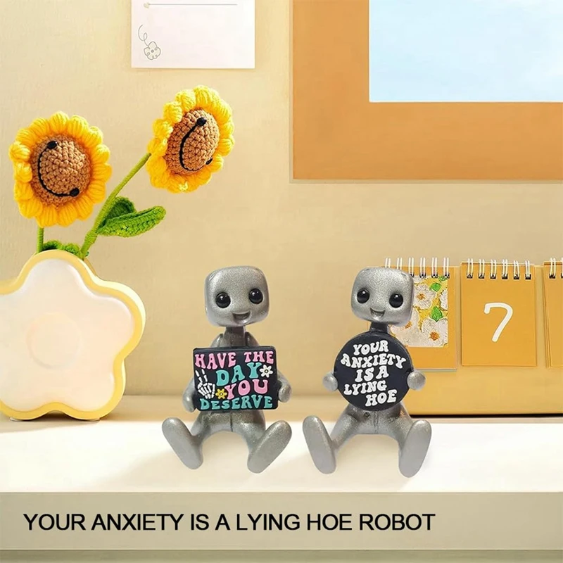 Robot Figurines, Cute Robot Statues, Adorable Little Robot Figures With Slogans, Inspirational Desk Decorations