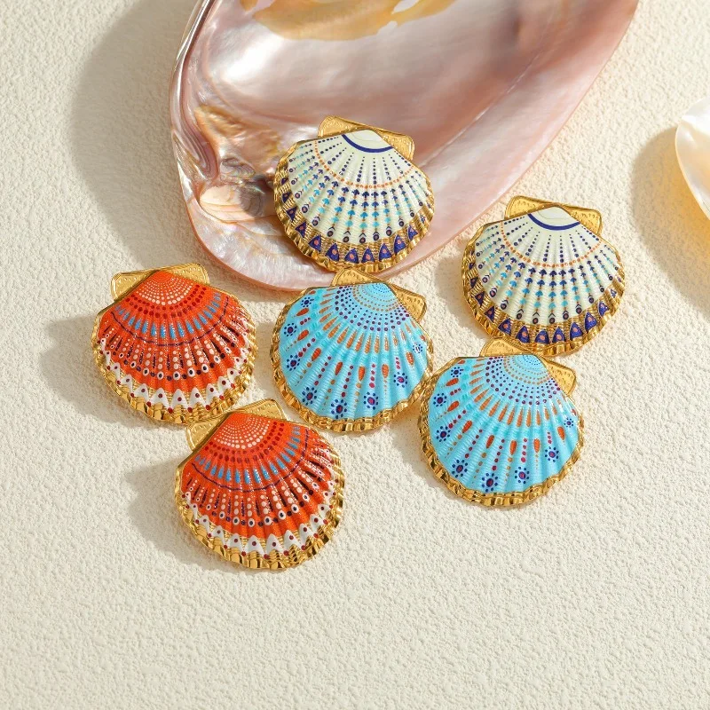 Enamel Seashell Earrings Colorful Bohemian Scallop Drop Earrings Stainless Steel Jewelry Summer Beach Ocean Jewelry For Women