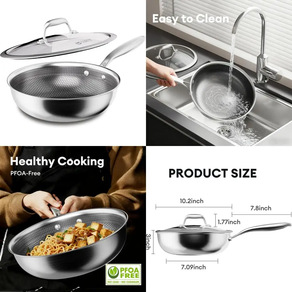 

10-Inch Wok with Lid, Hybird Nonstick Wok Proional Grade, StainlSteel Woks & Stir-ry Pans, Stay-Cool Handle, Dishwasher & Oven-S