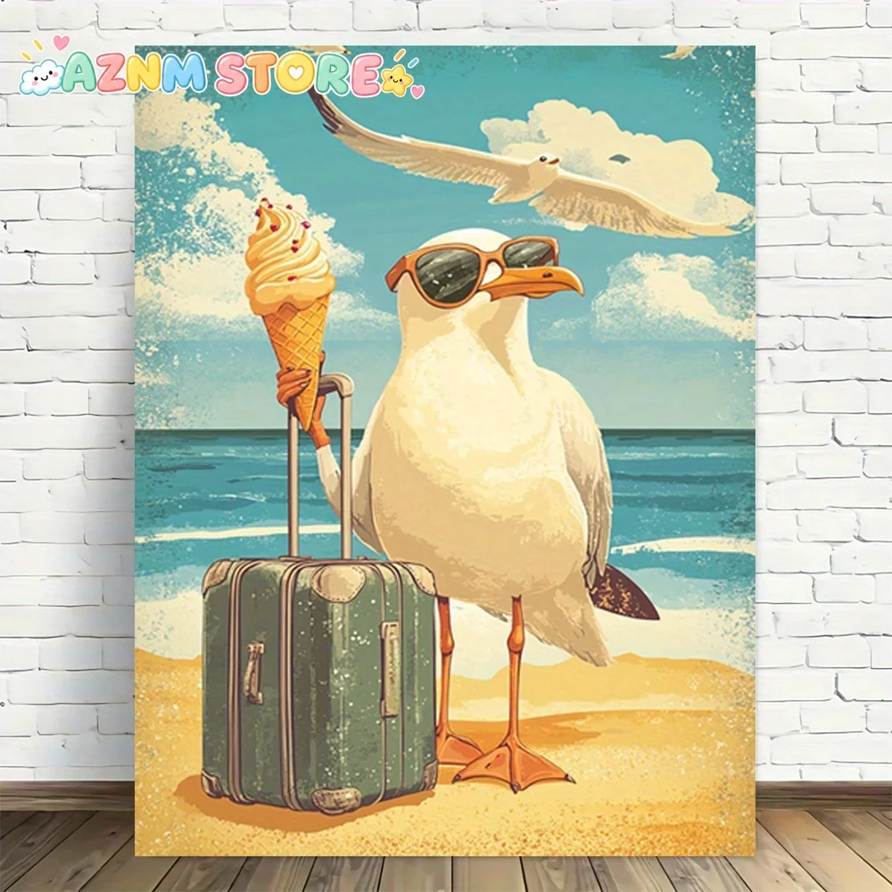 2D Flat 2027  Frameless Canvas Wall Art - Whimsical Seagull with Ice Cream & Fashion Glasses Beach Scene, Vintage Coastal Dec