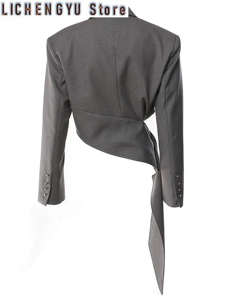 Women Gray Irregular Pleated Elegant Blazer New Lapel Long Sleeve Loose Fit Jacket Fashion Tide Spring Autumn