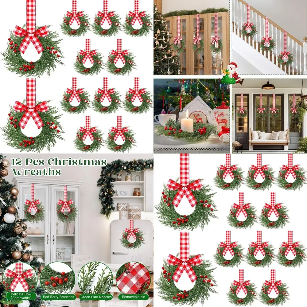 

9 Artificial Greenery Christmas Wreaths with Red White Buffalo Plaid Bows, Set of 12 for Door, Porch, Wall, or Window