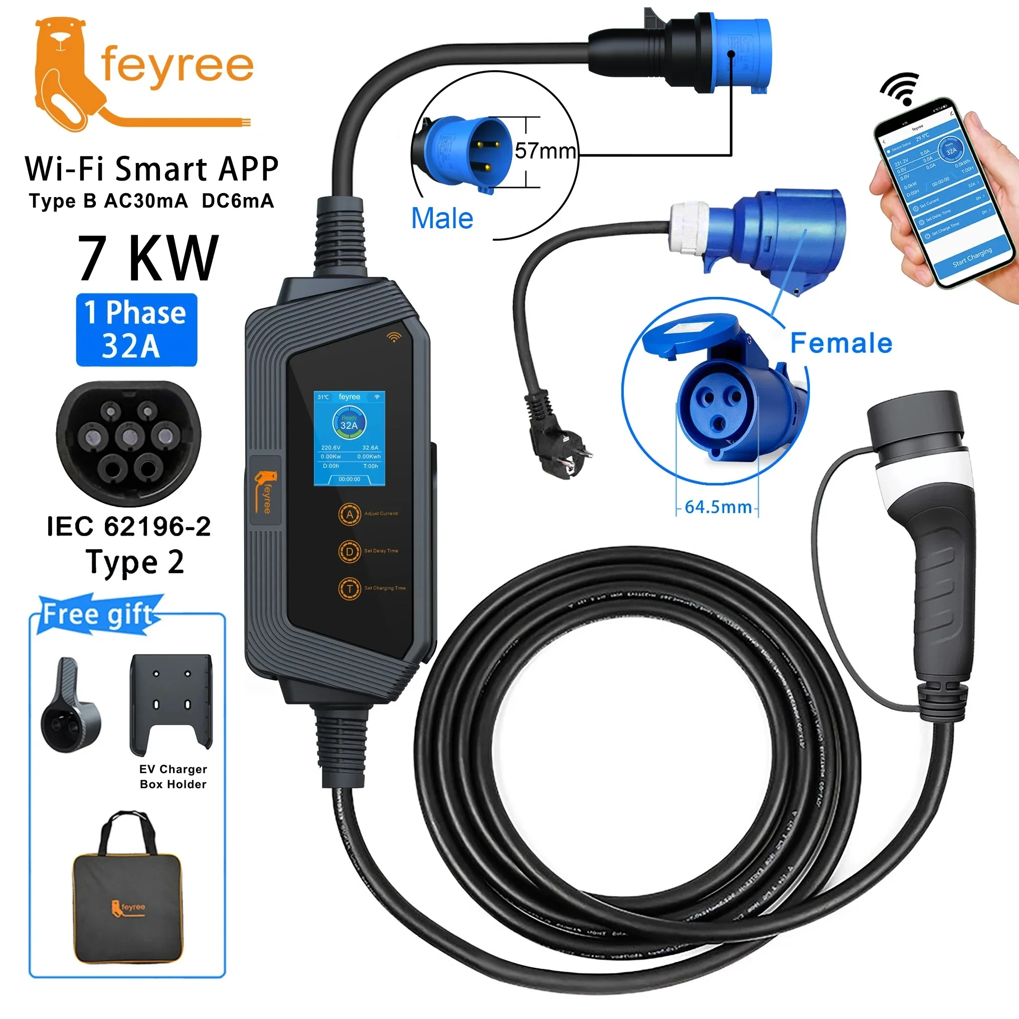 Feyree แบบพกพา EV Charger Type2 32A 7KW Fast CHARGING สําหรับยานพาหนะไฟฟ้า APP Wi-Fi ควบคุมโดยการตั้งค่า Current & เวลาชาร์จ