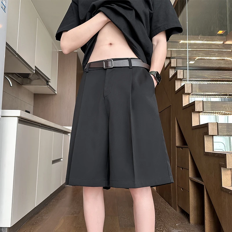 

Bla Ice Silk Men's Suit orts with Belt Summer Trendy Loose Straight Leg Casual Five-Quarter West Pants Drapey Fabric