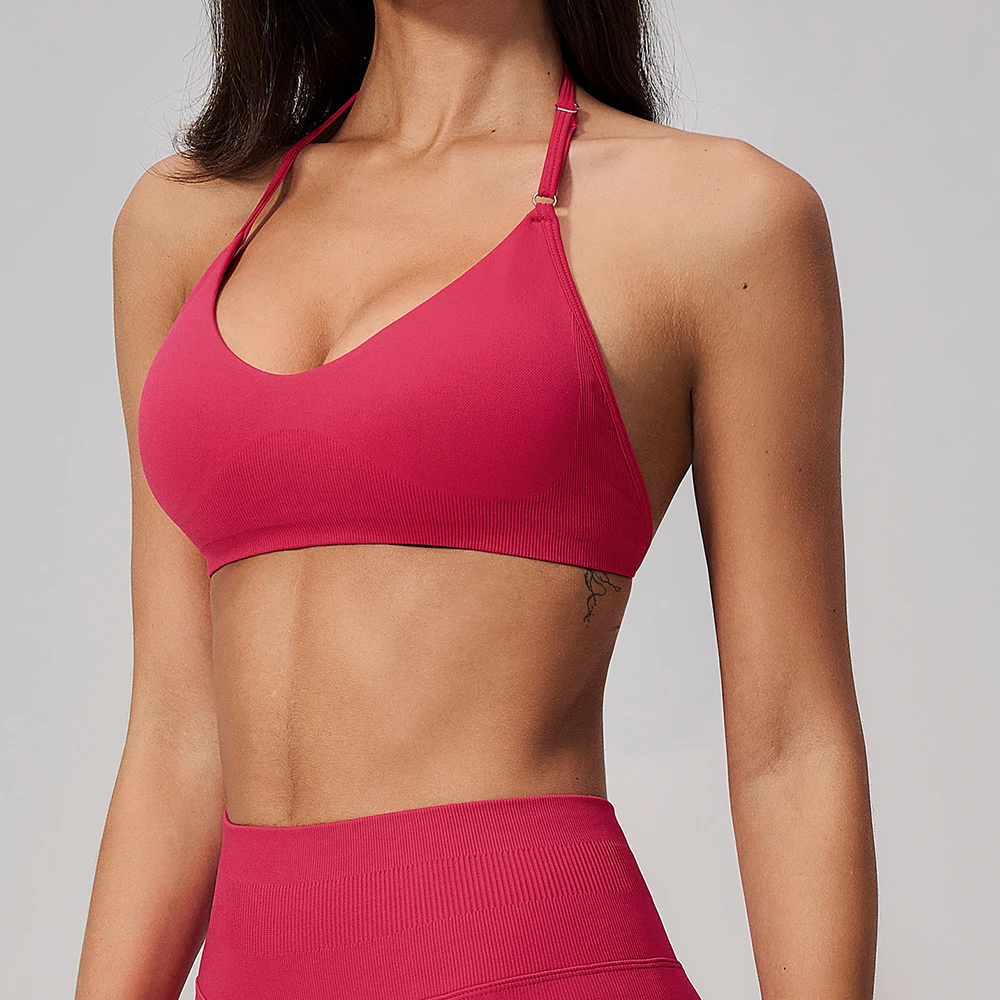 Seamless Sports Strappy Bra Yoga Underwear Women Gym Top Running Exercise Backless Bra High Support Fitness Workout Halter Bras