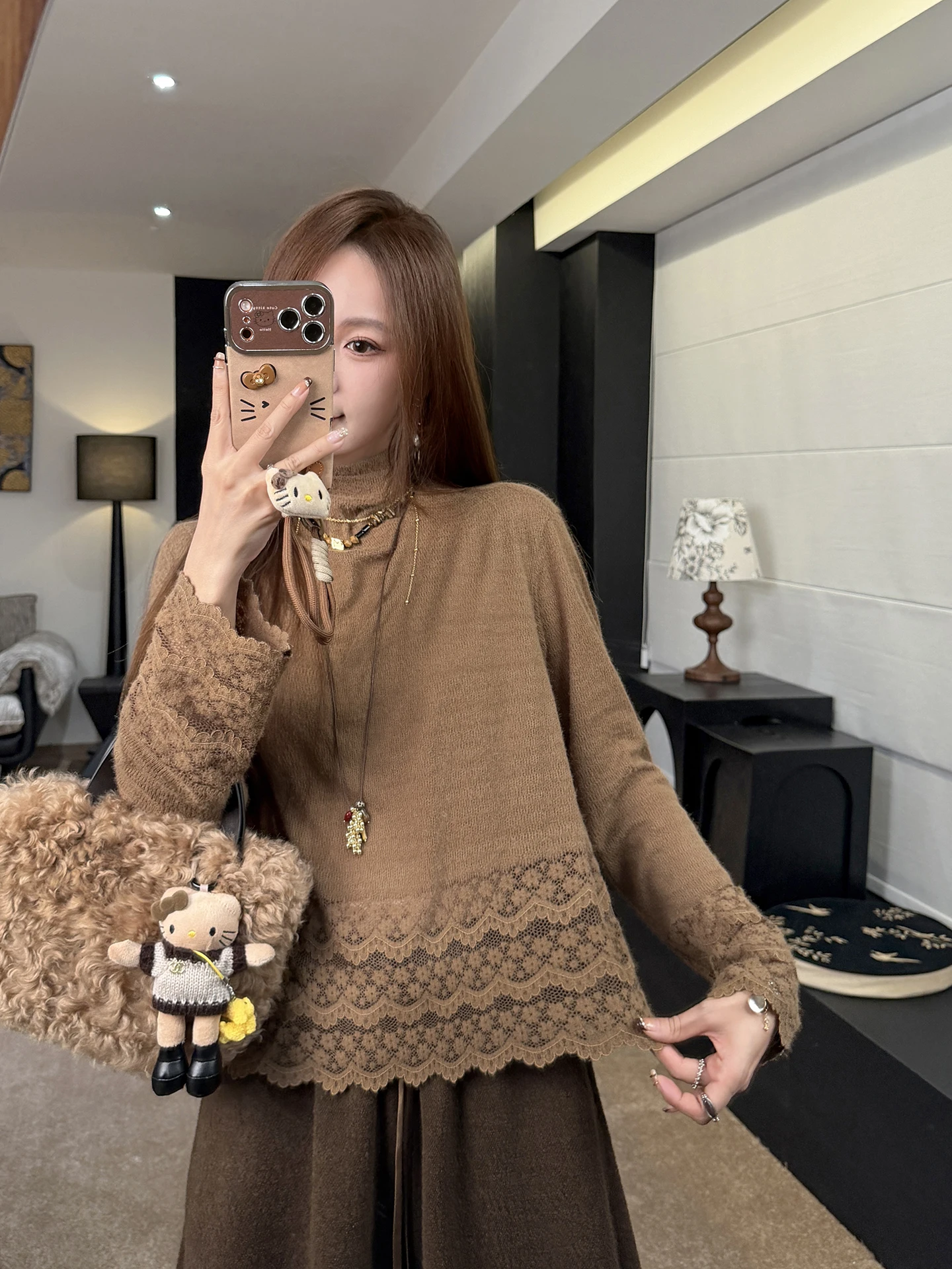 

Zhang ei Soft SPA Inner Wear Fce Lined Coffee Lace Base irt Top f High Collar Inner Piece Winter New Arrival