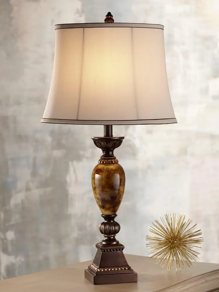 

ireland Mulholland Traditional Table Lamp 30" Tall Brown Gold Faux Marble Aged Bronze Off-White Fabric Oval Shade Decor for