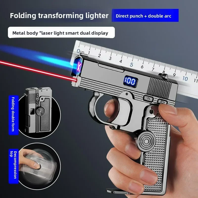 ولاعة لهب مزدوجة، ولاعة كهربائية متعددة الوظائف قابلة للطي على شكل مسدس لهب أزرق شاشة ديجيتال، هدية عيد الميلاد 2026