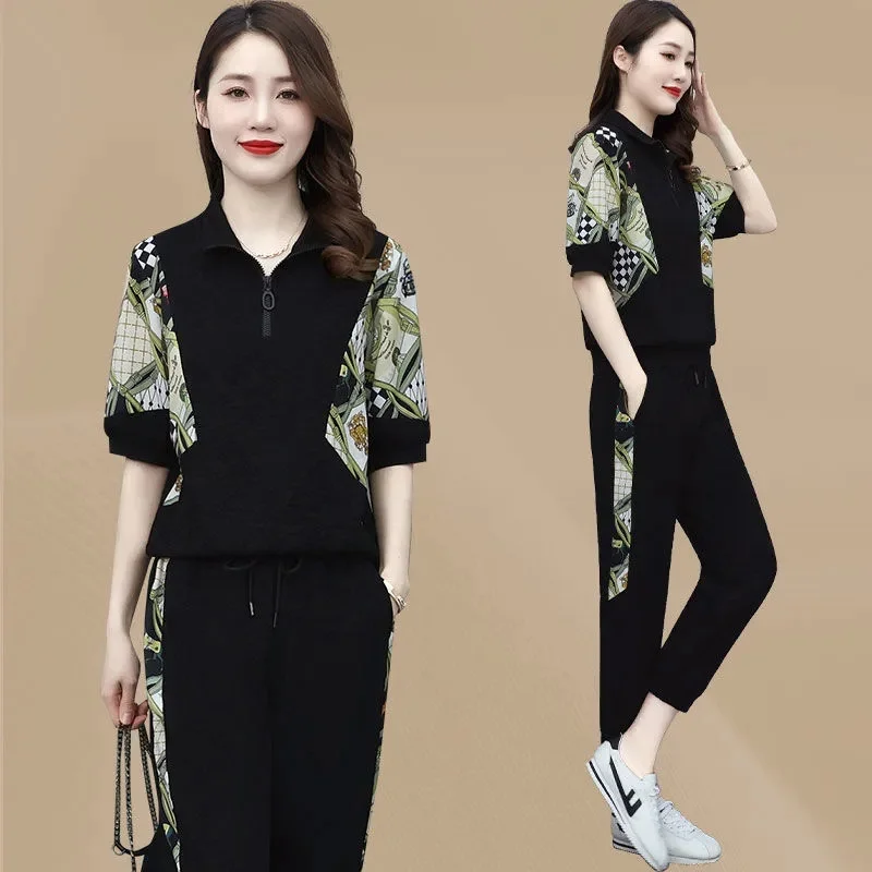 

2025 New Sports Suit Large Size Loose Casual Set Women Summer Fashion 2PCS Korean Outfit Femme Printed Western-Style Two Piece