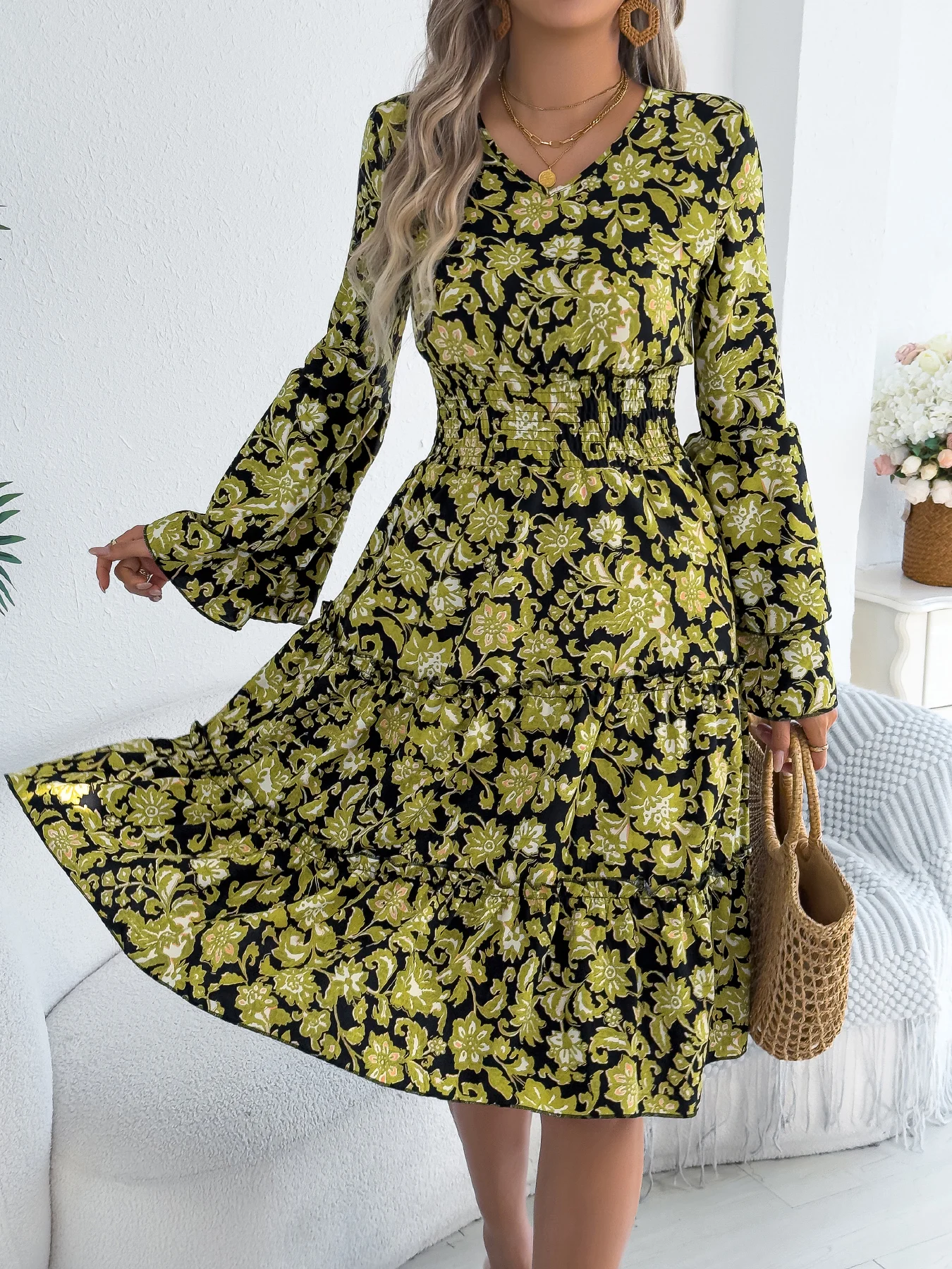 Elegant V Neck Contrast Color Floral Print Dresses 2026 Spring Autumn Casual Flare Long Sleeve Ruffled Maxi Dress Woman Clothing