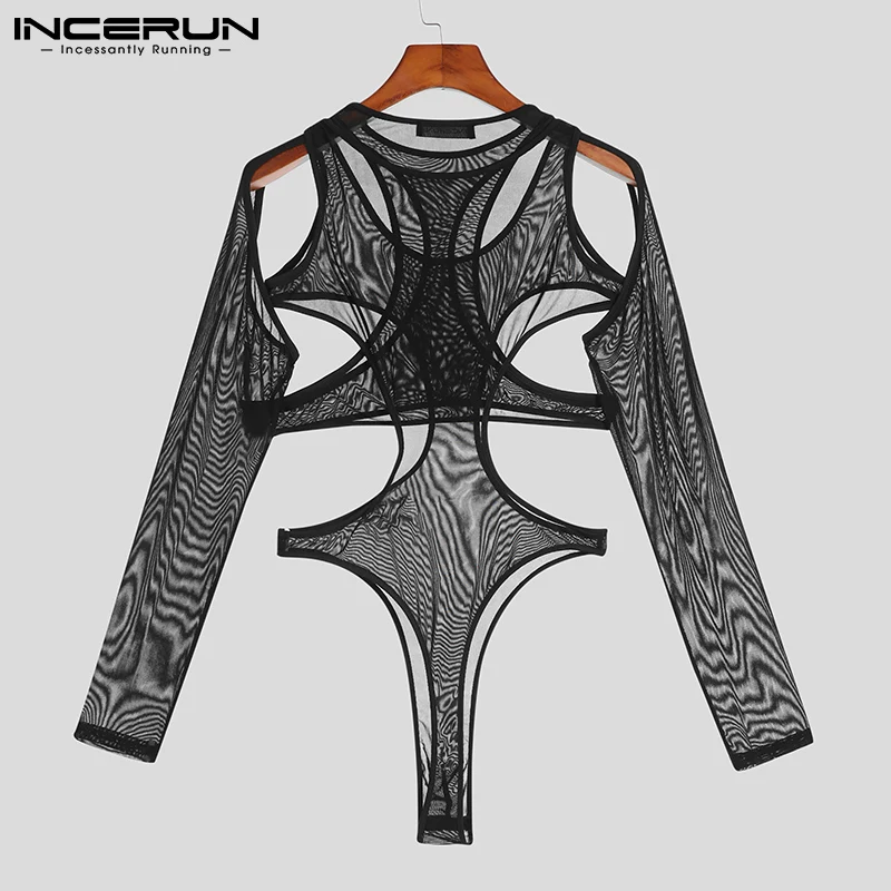 INCERUN-body de malla transparente para hombre, ropa interior lisa ahuecada, Sexy, cuello redondo, manga larga, pijama Irregular, 2023