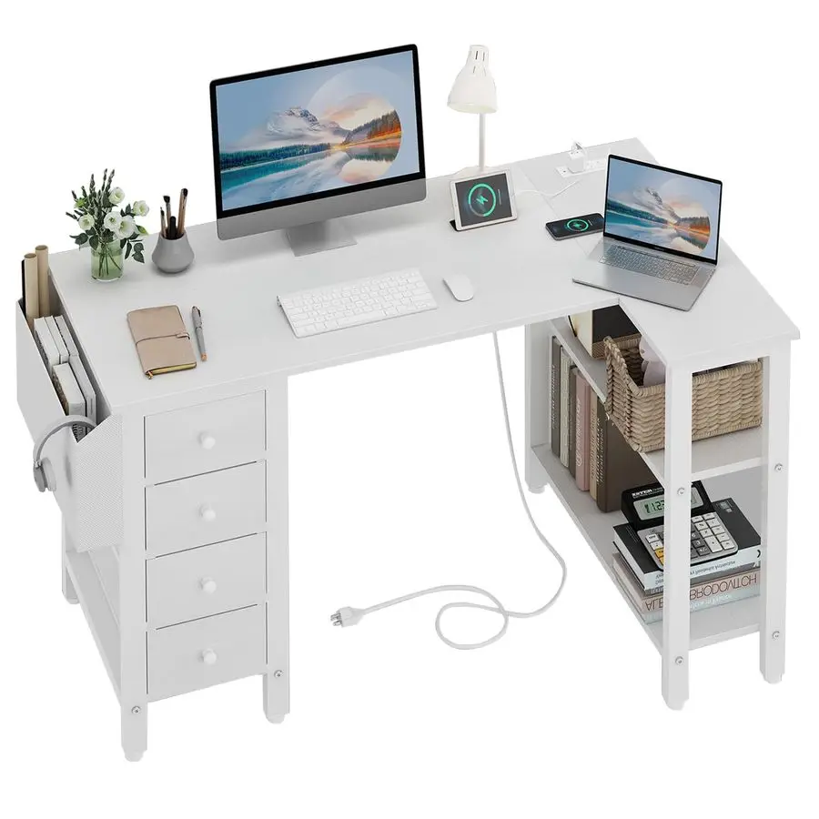 

White L Shaped Computer Desk with Drawers amp Storage Shelves, 47 Inch Corner Reversible Desk with Power Outlet for Home Office
