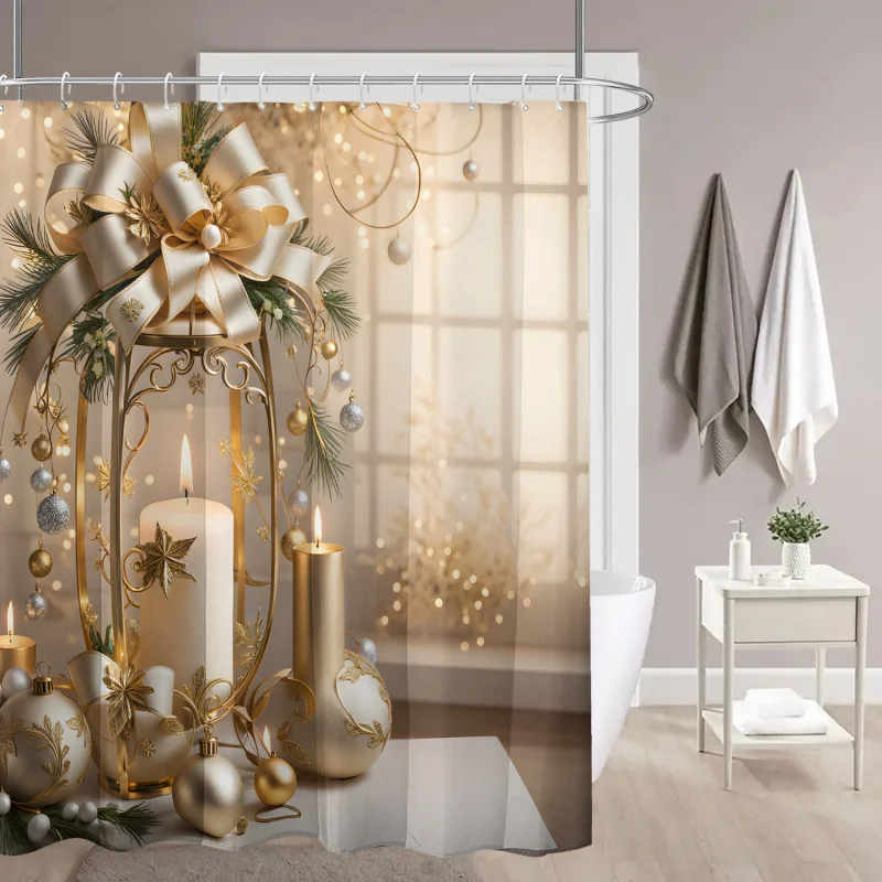 Christmas Holiday-Themed Woven Polyester Bath Drape with Candle and Pine Motif, Water-Resistant Fabric, Machine Washable, Includ