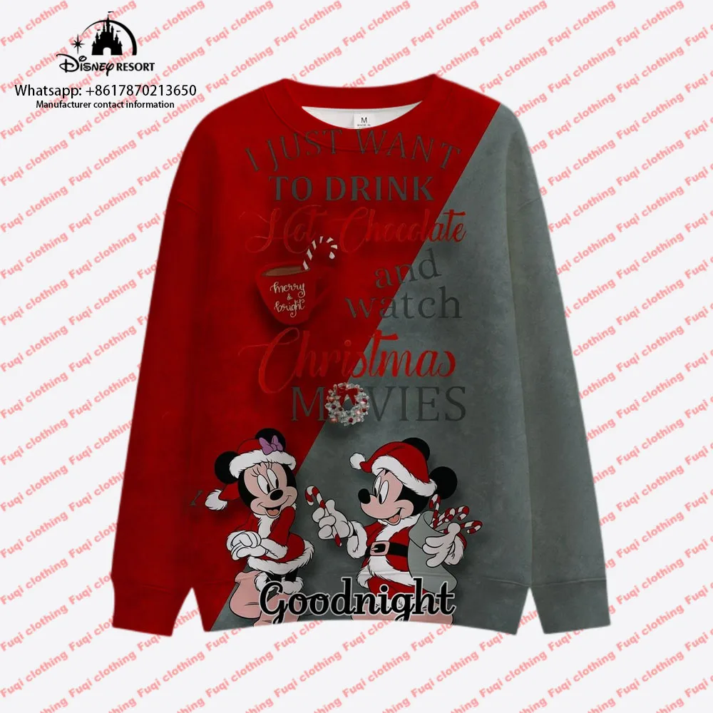 2024 Autumn Christmas New Harajuku Round Neck Casual Women\'s Long Sleeve Sweatshirt Mickey Minnie Boys and Girls Cute Pullover