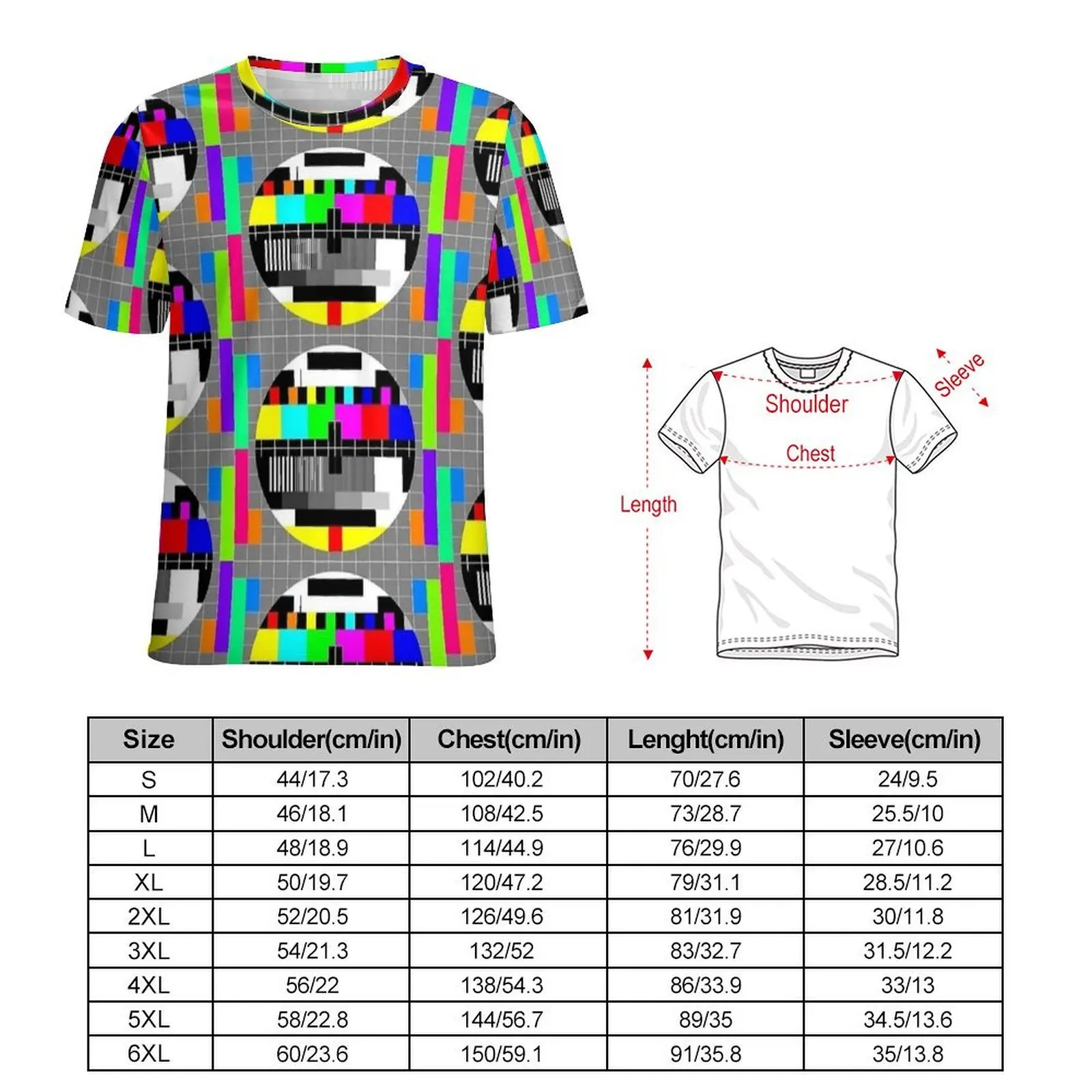 Retro Test Card Print T-Shirt  Awesome T-Shirts O Neck Vintage Tshirt Summer Male Graphic Tees 4XL 5XL 6XL
