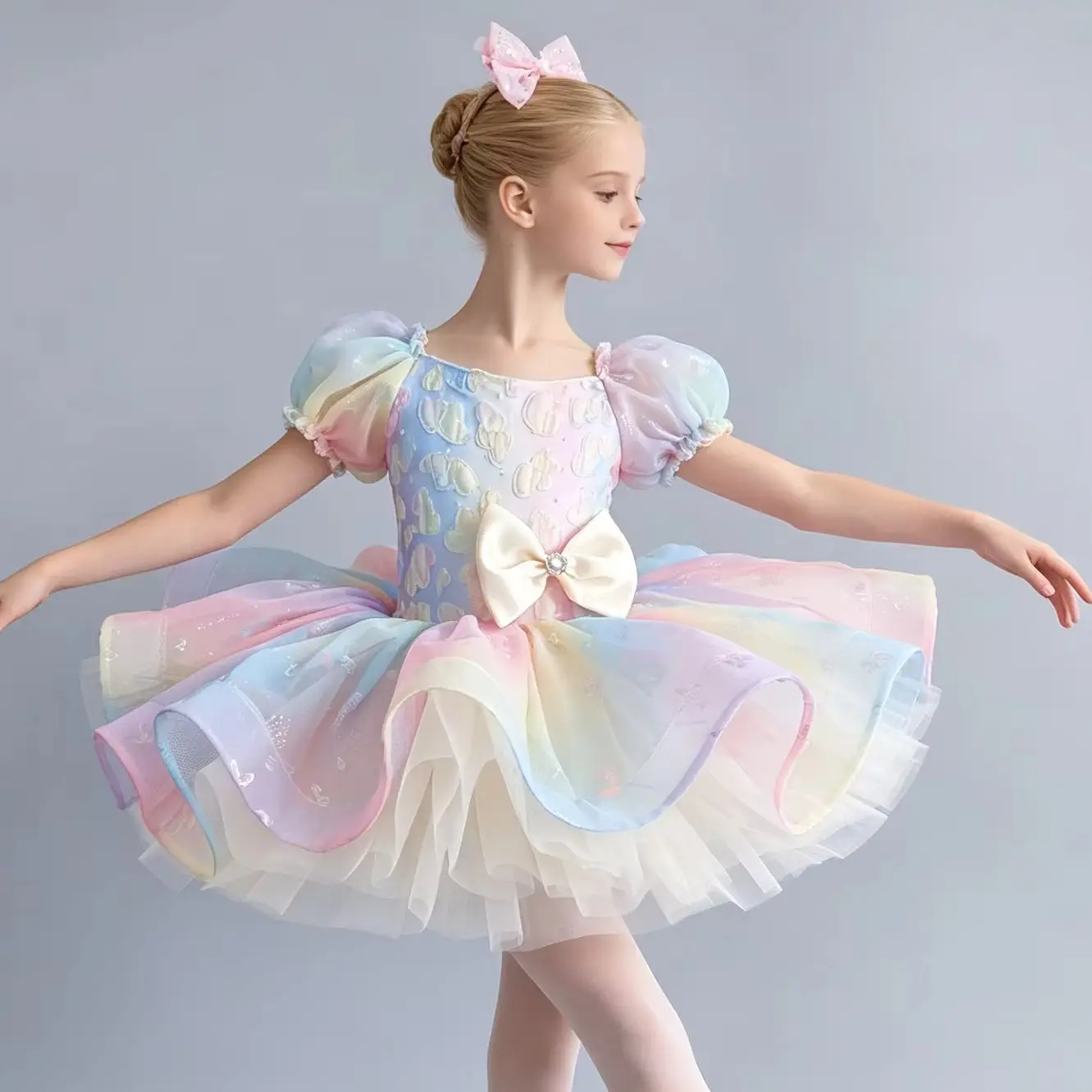 girls-pastel-rainbow-gradient-pancake-ballet-tutu-dress-puff-sleeve-big-bow-kids-fairy-ballerina-stage-competition-dance-costume