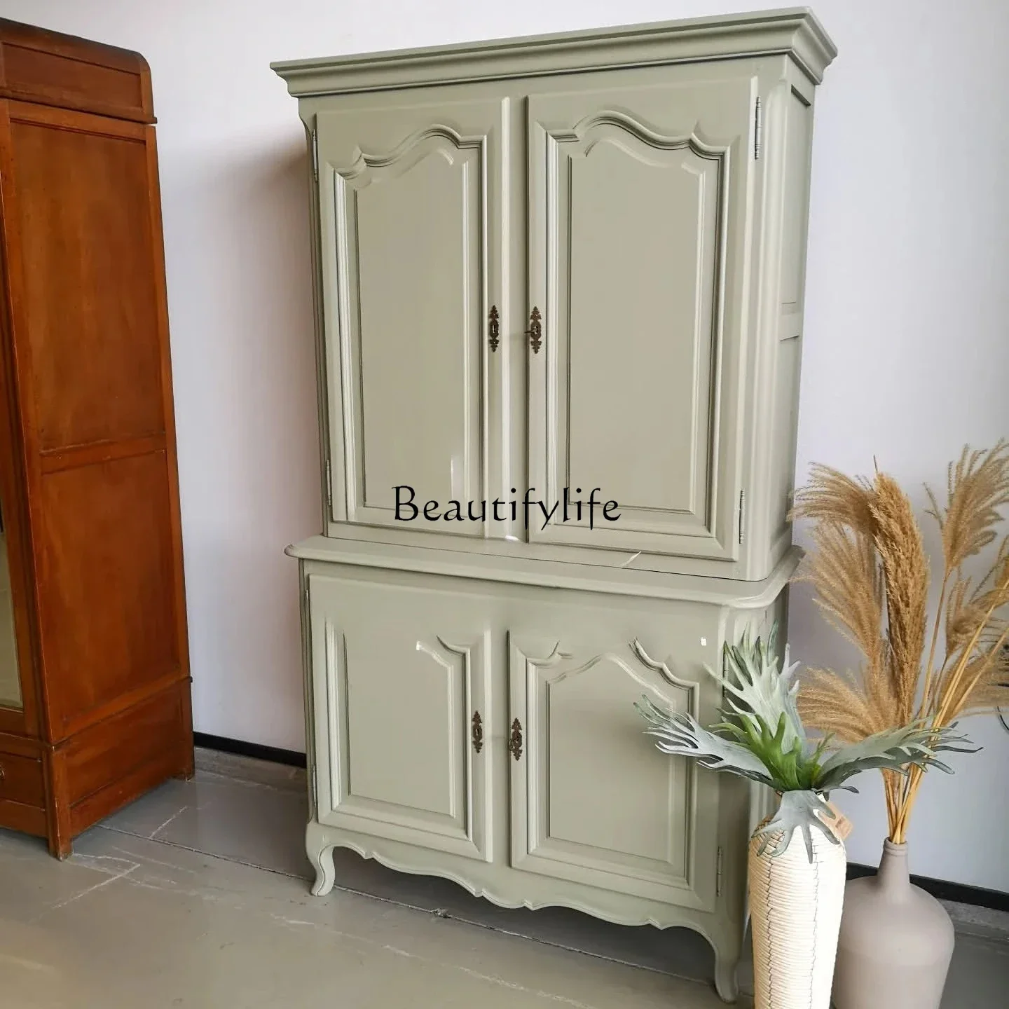 

yj7 French Style Solid Wood Carved Vintage Wine Cabinet American Antique Sideboard Storage Cabinet High-End Furniture