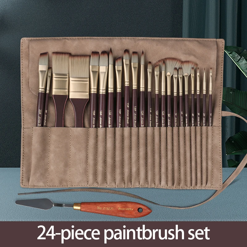 24-piece nylon brush set cross-border imitation leather bag oil brush watercolor soft and hard