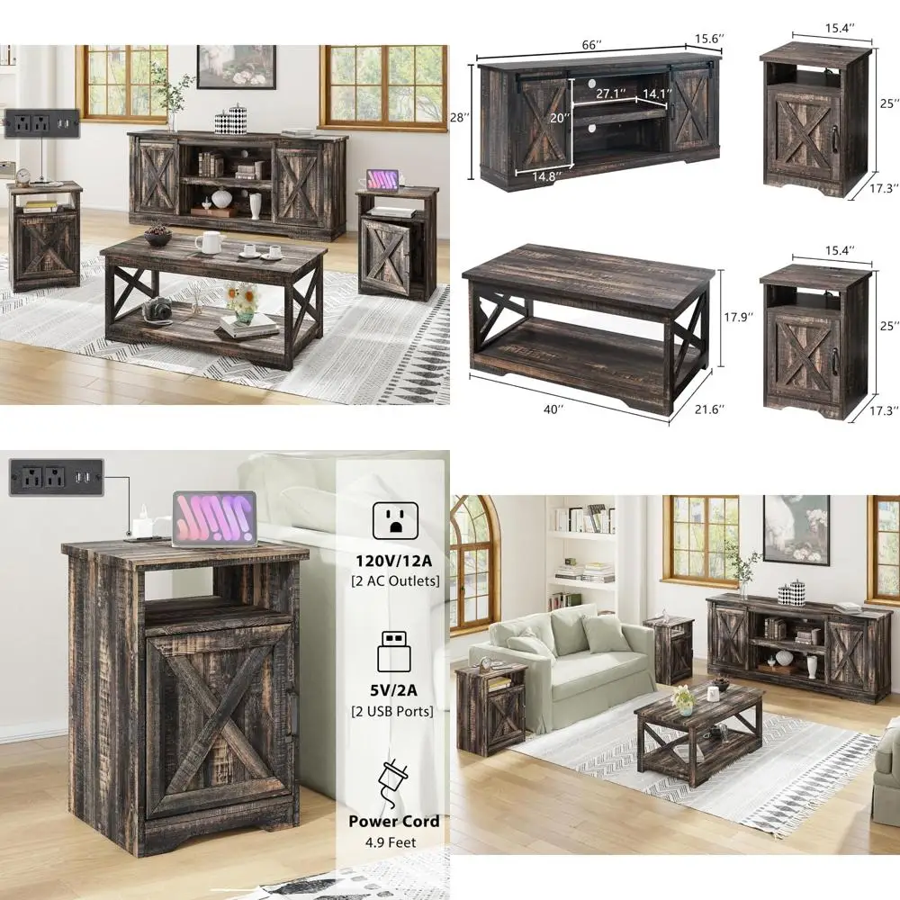 Farmhouse Style 4-Piece Furniture Set: Sliding Barn Door TV Console, Coffee Table, and Two End Tables with Charging Station