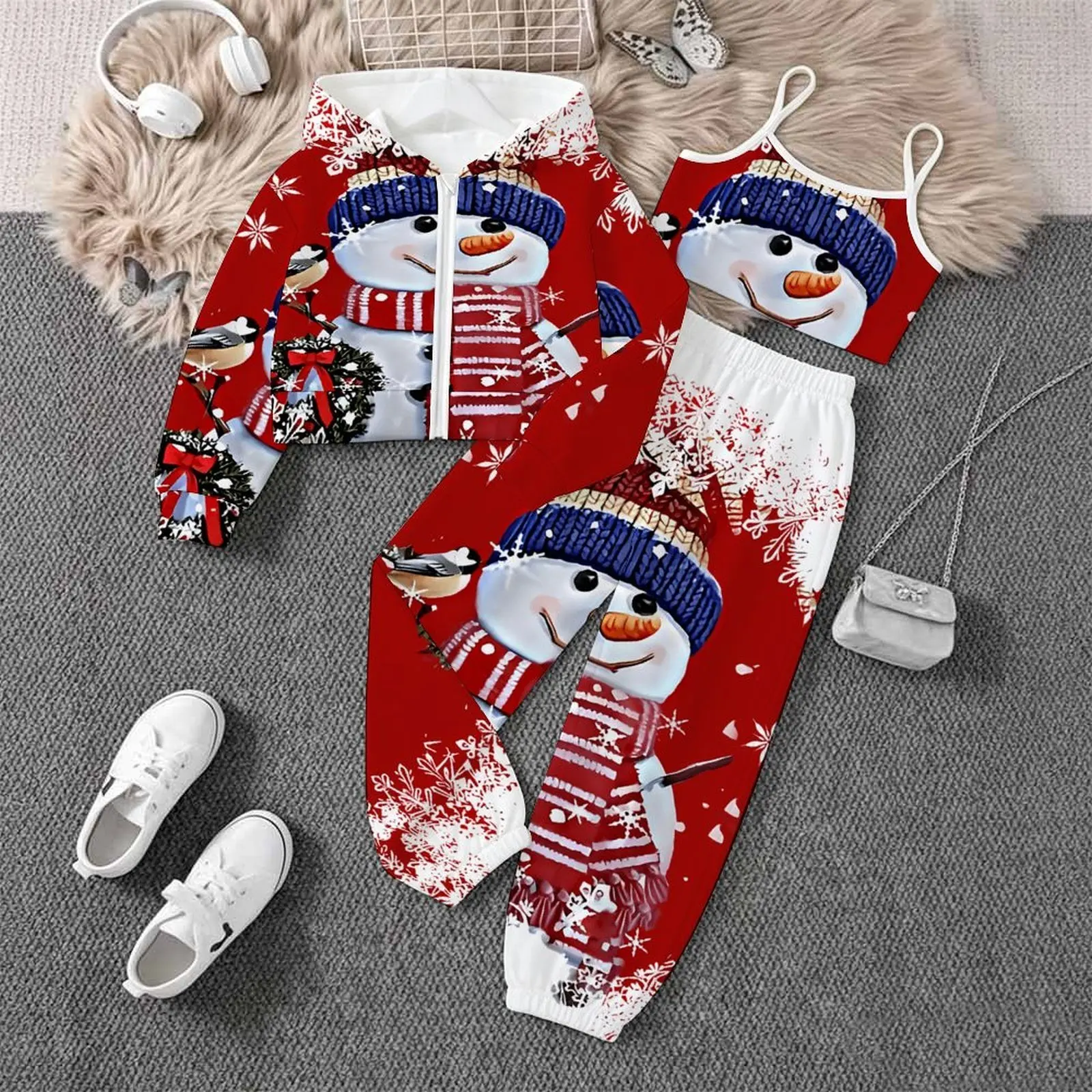 3pcs Fashion Print Jogger Pants Kids Zip Tops Three-piece Suit Children's Christmas Long Sleeve Coat Autumn Girls Casual Set